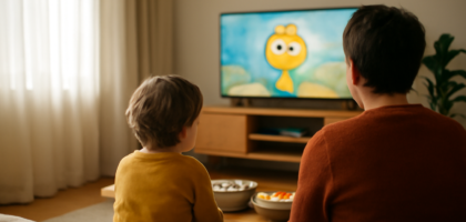 Suasana nonton bareng anak di ruang keluarga saat marathon anime singkat akhir pekan