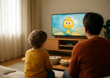 Suasana nonton bareng anak di ruang keluarga saat marathon anime singkat akhir pekan