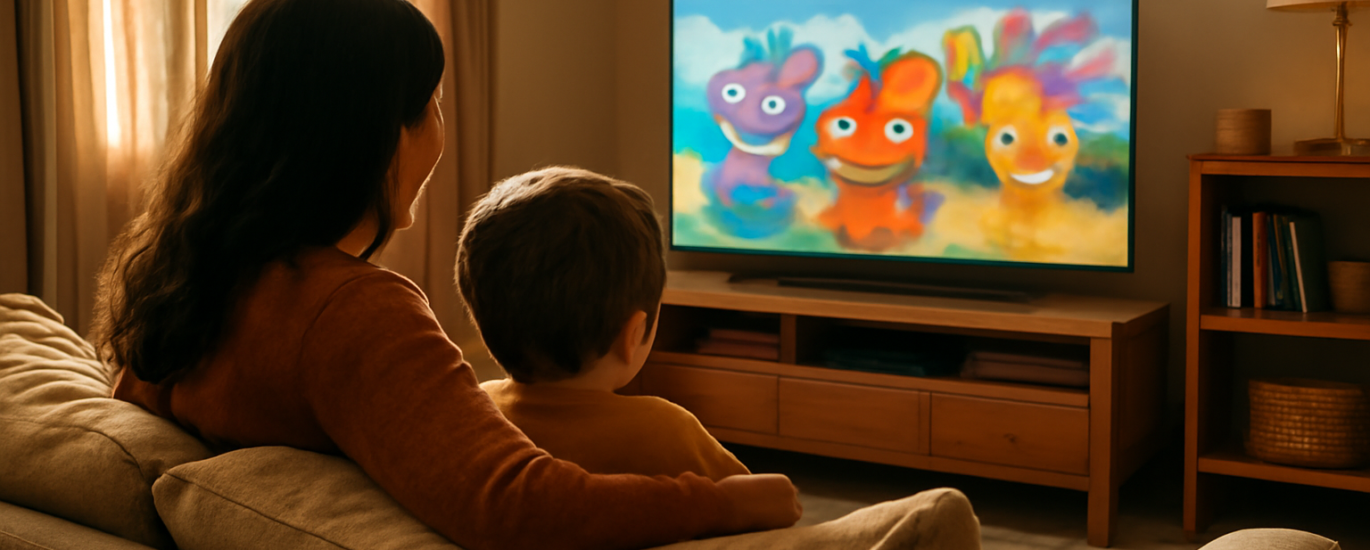Orang tua dan anak menonton anime anak bersama di ruang keluarga