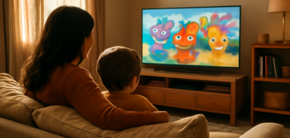 Orang tua dan anak menonton anime anak bersama di ruang keluarga