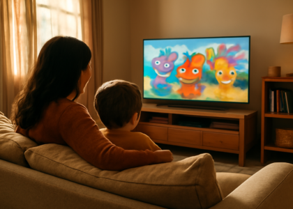 Orang tua dan anak menonton anime anak bersama di ruang keluarga