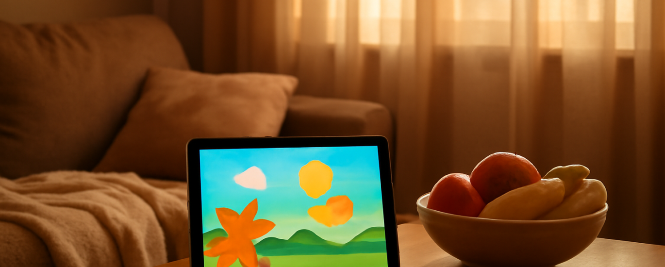 Ruangan keluarga dengan tablet menampilkan kartun anak dan camilan buah di meja