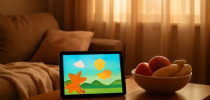Ruangan keluarga dengan tablet menampilkan kartun anak dan camilan buah di meja