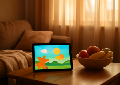Ruangan keluarga dengan tablet menampilkan kartun anak dan camilan buah di meja