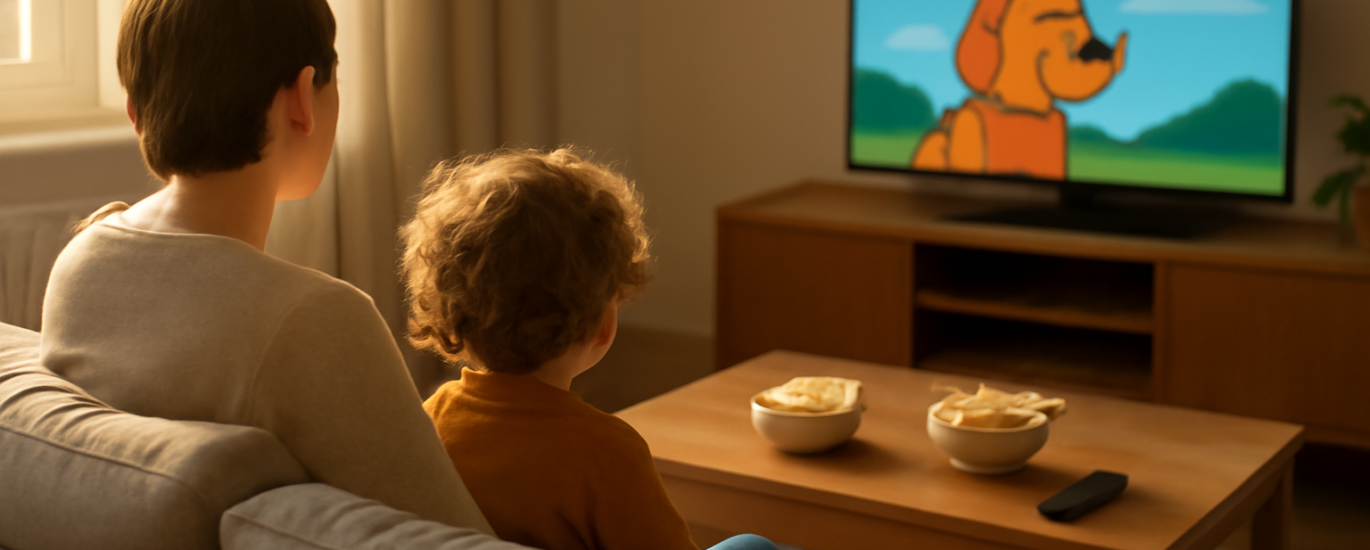 Orang tua dan anak menonton anime di ruang keluarga sambil duduk di sofa