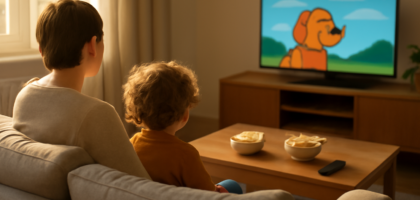 Orang tua dan anak menonton anime di ruang keluarga sambil duduk di sofa