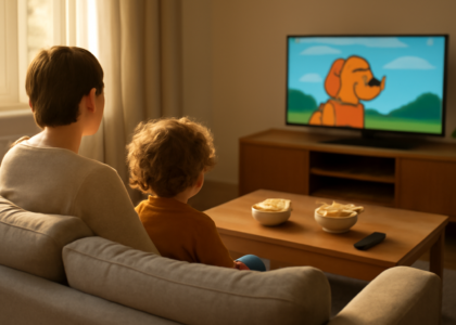 Orang tua dan anak menonton anime di ruang keluarga sambil duduk di sofa