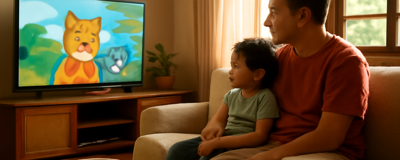Orang tua dan anak menonton anime bersama di ruang keluarga