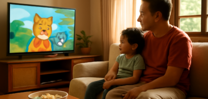 Orang tua dan anak menonton anime bersama di ruang keluarga