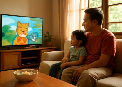 Orang tua dan anak menonton anime bersama di ruang keluarga