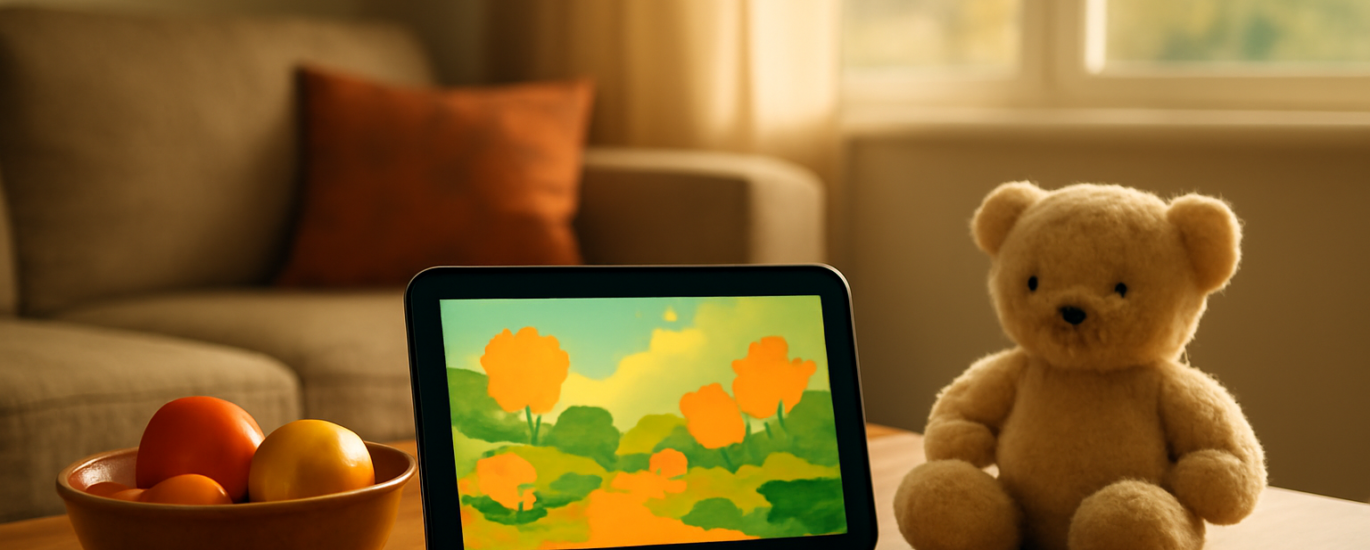 Ruang keluarga dengan tablet menampilkan tayangan animasi dan mainan anak di meja