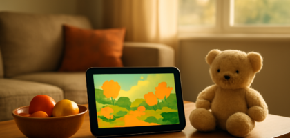 Ruang keluarga dengan tablet menampilkan tayangan animasi dan mainan anak di meja