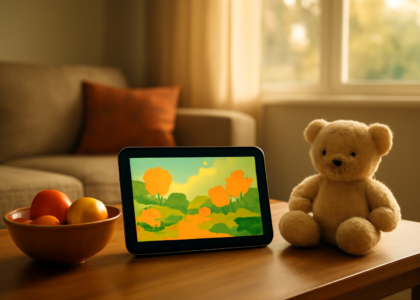 Ruang keluarga dengan tablet menampilkan tayangan animasi dan mainan anak di meja