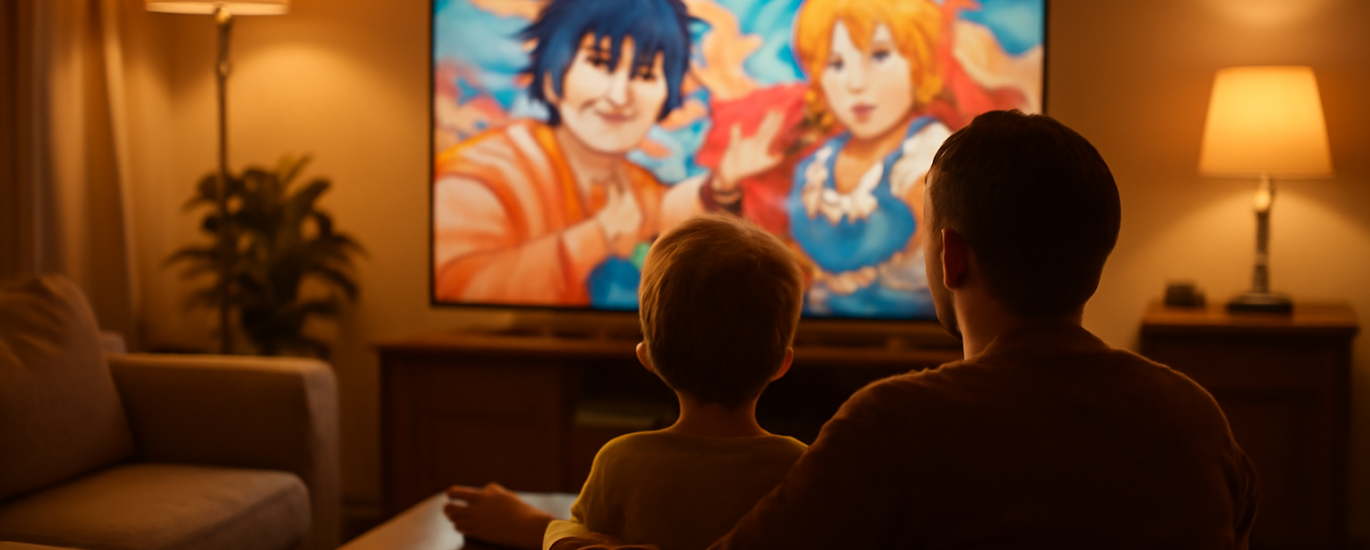 Orang tua dan anak menonton anime di ruang keluarga