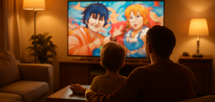 Orang tua dan anak menonton anime di ruang keluarga