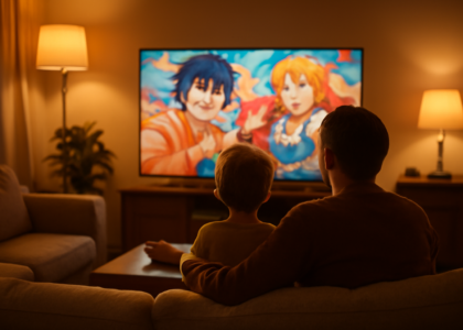 Orang tua dan anak menonton anime di ruang keluarga