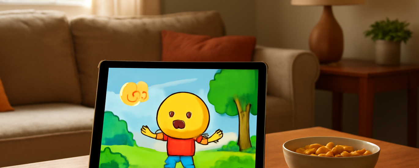 Ruang keluarga dengan tablet menampilkan anime anak dan camilan di meja