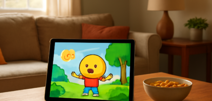 Ruang keluarga dengan tablet menampilkan anime anak dan camilan di meja