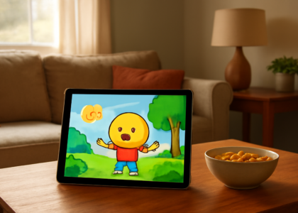 Ruang keluarga dengan tablet menampilkan anime anak dan camilan di meja